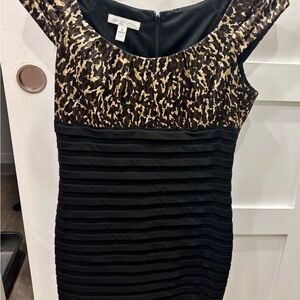 London Times Black and Gold Mini Dress with Animal Print Detail